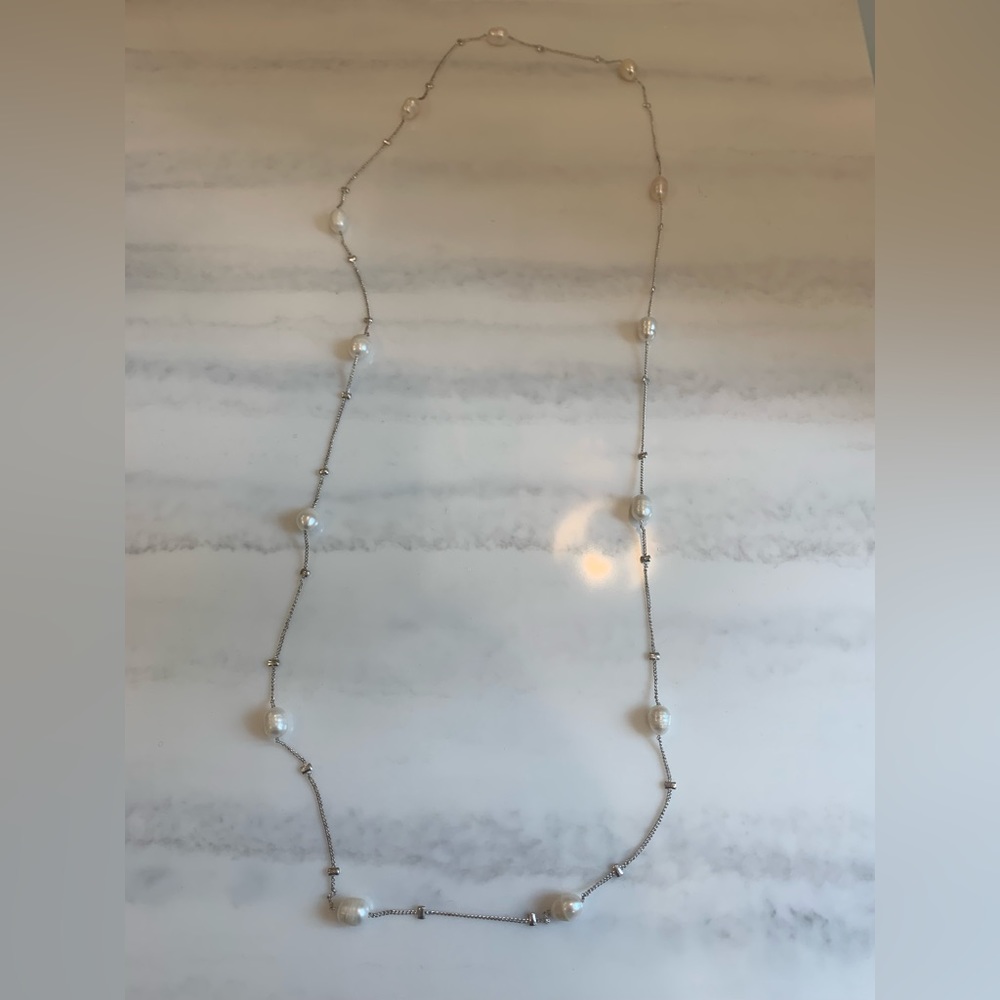 Long Strand Necklace with Faux Pearls and Silver-Toned Accents, 18 inches